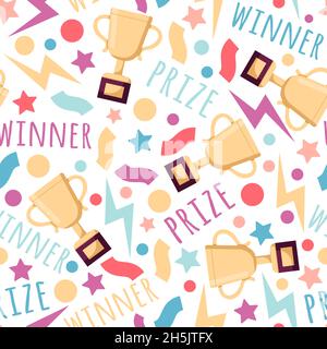 Seamless pattern with golden prize and fireworks dots, stars and lightning in a flat style, isolated on a white. Stock Vector