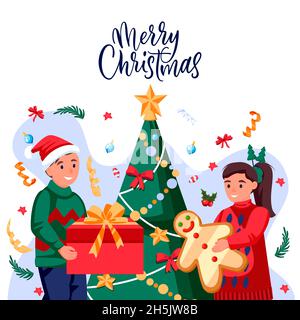 Boy with gift and girl with ginger bread in holiday costumes near Christmas tree. Happy kids preparing to New Year celebration. Vector flat cartoon ch Stock Vector