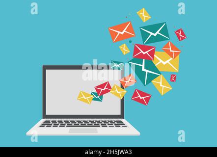 Business laptop with email marketing. Online advertising Stock Vector