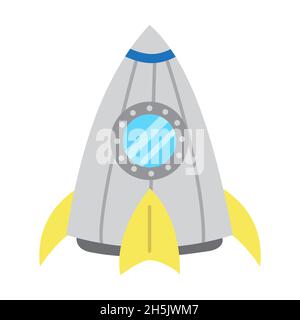 Space rocket ship, cute illustration in cartoon flat style. Business startup idea. Space flight, spaceship. Shuttle, UFO ship. Print for children Stock Vector