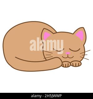 Funny cartoon sleeping cat, cute vector illustration in flat style. Beige cat. Smiling fat kitten. Positive print for sticker, cards, clothes, textile Stock Vector