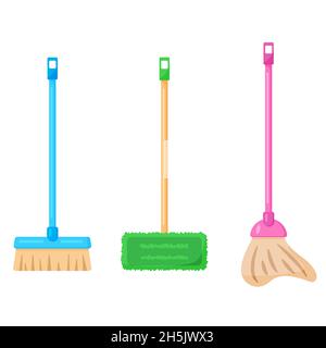 Set of 3 housework mops, home cleaning broom. Hygiene, washing or housework equipment. Vector illustration in cartoon flat style. Cleaning services Stock Vector