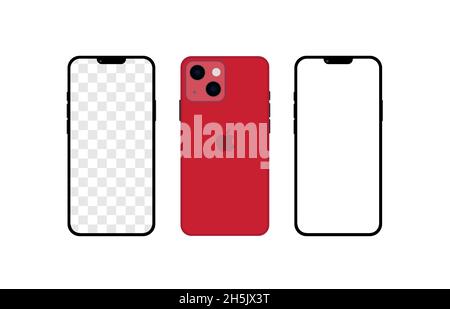 Iphone 13 red color. Realistic smartphone mockup. Vector Stock Vector