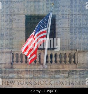 New York Stock Exchange building entrance, American flag, stock market data. Wall Street, Financial District, Lower Manhattan, New York City. Exterior Stock Photo