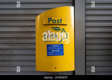 Athens, Greece. November 2021.  a public mailbox of the Greek post office Stock Photo