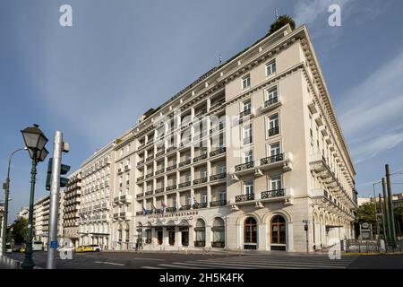 Athens, Greece. November 2021. Panoramic exterior view of the Grande Bretagne hotel in Syntagma Square Stock Photo