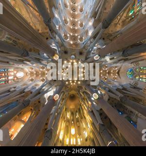 Barcelona, Spain -March 14, 2019: Detail of interior and ceilings of the Sagrada Familia Cathedral in Barcelona. Spain. Stock Photo