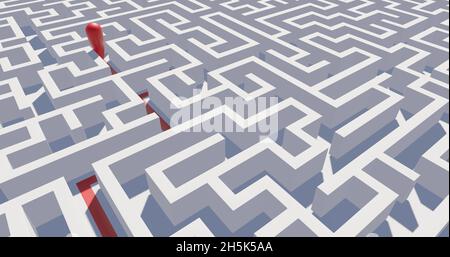 White maze with a red line passing through it 3d illustration Stock Photo