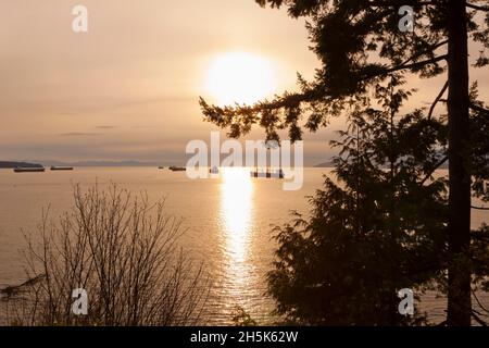 Freighters, Burrard Inlet, English Bay, Stanley Park, Vancouver, British Columbia, Canada Stock Photo