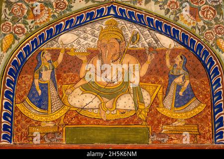 Fresco of the deity Lord Ganesh, the Elephant headed God, in an alcove of a Painted Haveli; Nawalgarh, Shekawati, Rajasthan, India Stock Photo