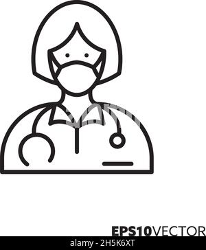 Female doctor with surgical mask line icon. Outline symbol of woman working in health care. Medical profession, virus protection and hygiene concept f Stock Vector