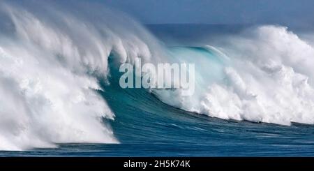 Crest and white water froth of a large, breaking wave, Maui; Hawaii, United States of America Stock Photo