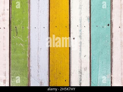Closeup of the painted plank table in the vintage style on the wooden table in the local coffee cafe, front view for the background. Stock Photo
