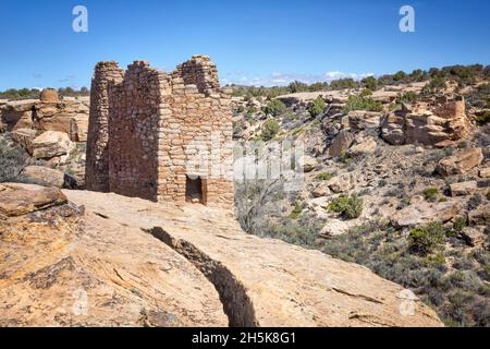 Ancestral Puebloan ruins of the Twin Towers of the Square Tower Group in the Hovenweep National Monument on the border of Colorado and Utah Stock Photo