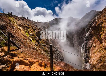 Vapor emissions from the rocky crater of the La Soufriere volcano, an active stratovolcano on Basse-Terre; Guadeloupe, French West Indies Stock Photo