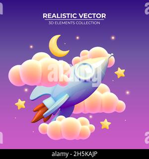 Rocket in dark space around the shines crescent and stars. Realistic 3d rocket. Vector illustration with flying shuttle. Space travel. Launch new project start up concept. Vector illustration Stock Vector