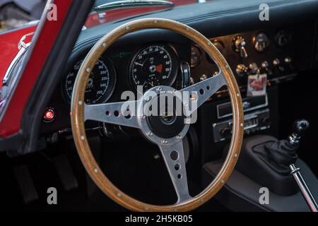 Caramulo, Portugal - 04 September 2021: Partial car cockpit view of a Jaguar E-Type (Series 1) in Caramulo Motorfestival 2021 Stock Photo