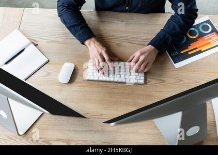 Top view of developer using keyboard near computers and notebook in office Stock Photo