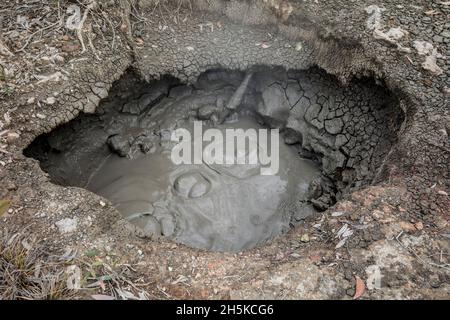 Boiling mud hole in the Dei Dei Hot Springs; Fergusson Island, D'Entrecasteaux Islands, Papua New Guinea Stock Photo