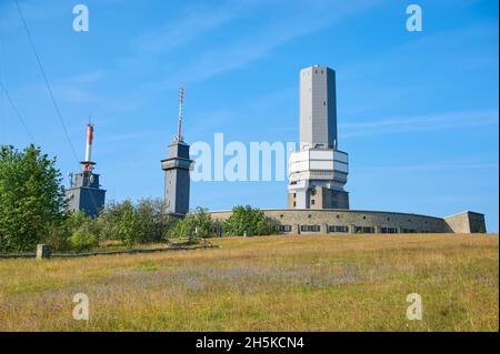 Landscape with communications tower and observation tower in summer; Groser Feldberg, Taunus, Hesse, Germany Stock Photo
