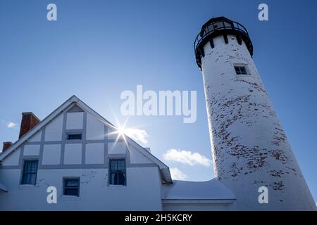 Point Iroquois Light against a bright blue sky; Michigan, United States of America Stock Photo