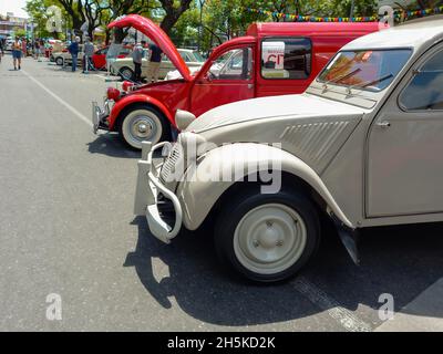 BUENOS AIRES, ARGENTINA - Nov 08, 2021: nose of an old popular beige Citroen 2CV 1950s. Side view. Expo Warnes 2021 classic car show. Copyspace Stock Photo