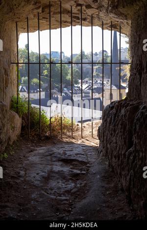 Europe, Luxembourg, Luxembourg City, Window facing out of the Casemates du Bock Fortifications with the Neimënster Cultural Centre below Stock Photo