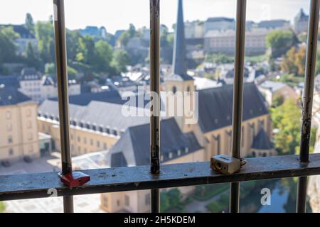 Europe, Luxembourg, Luxembourg City, Barred Window facing out of the Casemates du Bock Fortifications with the Neimënster Cultural Centre below Stock Photo