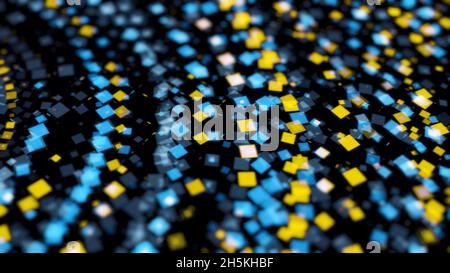 Abstract bright neon circles consisting of small multicolored geometric figures and moving chaotically in the dark. Disco dancing and electronic music Stock Photo