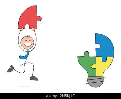 Teamwork, stickmen businessman carrying missing puzzle pieces of light bulb puzzle pieces. Hand drawn outline cartoon vector illustration. Stock Vector