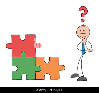 Teamwork, stickmen businessmen is thoughtful about the missing puzzle piece. Hand drawn outline cartoon vector illustration. Stock Vector