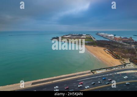 Navy pier along Lake Michigan in Chicago, Illinois, USA; Chicago, Illinois, United States of America Stock Photo