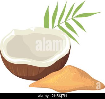 Cartoon coconut sugar. Food sweetening, gourmet nutrition, palm leaf, vector illustration isolated on white background Stock Vector