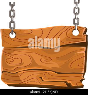 Chained board. Hanging wood plank, vector isolated on white background Stock Vector