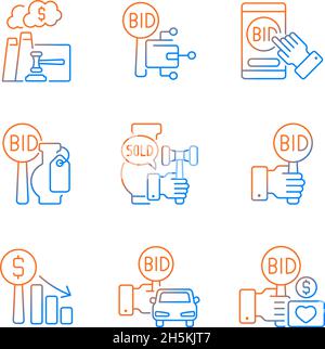 Types of auctions gradient linear vector icons set Stock Vector