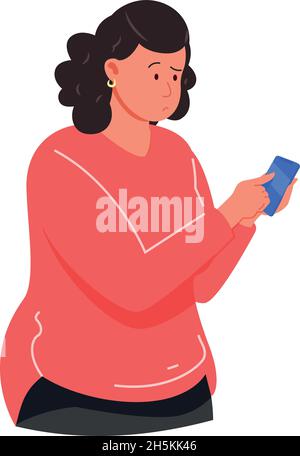 Confused girl looking on screen telephone, flat vector illustration isolated on white background Stock Vector