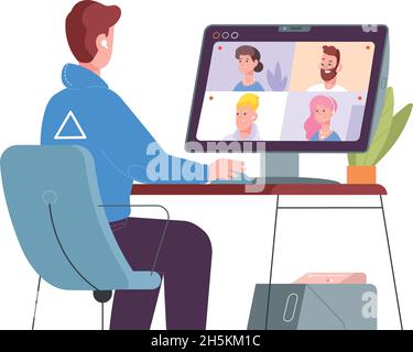 Distant training. Virtual discussion of remote working team, vector illustration isolated on white background Stock Vector