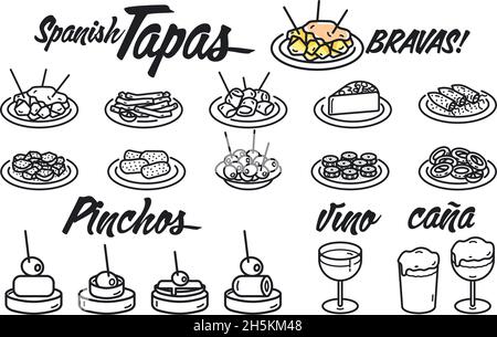 Illustration of typical Spanish food, Potatoes with spicy sauce (tapas patatas bravas) with a small cup of beer. Bar food and drink. Symbol, vector ic Stock Vector