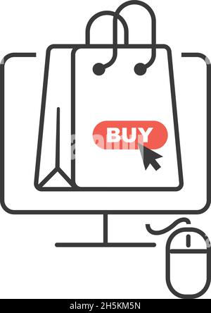 Shopping bag on computer screen. Online purchase concept. Outline thin line flat illustration. Isolated on white background. Stock Vector