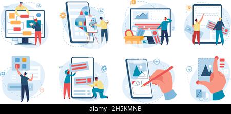 Software developers and programmers at work, coding and programming concept. Professional web designers working on app development vector set. Characters designing interface for different gadgets Stock Vector