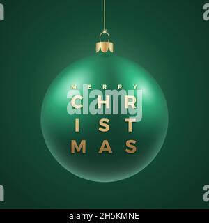 Realistic Green Christmas Bauble on Classy Dark Background with Modern Golden Glitter Typography Greetings. Winter Holiday Decoration Sticker, Card or Stock Vector