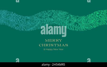 Christmas Greetings Vector Banner Template. Winter Holiday Spruce and Holly Doodle Wavy Stripe Decorative Frame on Green Background. New Year Label or Stock Vector