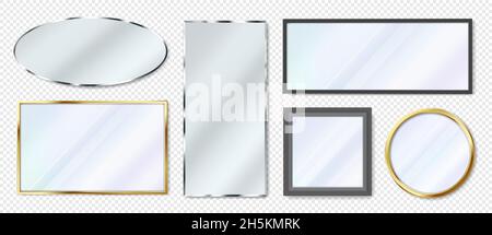 Realistic mirrors with gold or black frames, reflective glass surfaces. 3d mirror in different shapes, interior furniture elements vector set. Isolated modern frameworks collection Stock Vector