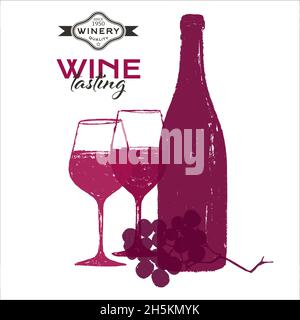 Wine Background design illustrations. Handmade drawing of wine glasses, wine bottle, vine grapes. Background for flyers, poster, backdrops, covers, pr Stock Vector