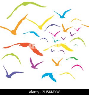 Colored birds silhouettes, seamless pattern Stock Vector