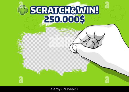 Illustration of hand scratching with scratch game coin. Scratch card game promotion idea. Layered vector illustration. Stock Vector