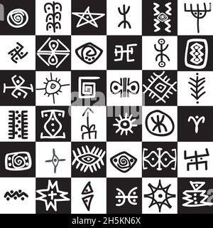 Black and white squares background with ethnic motifs Stock Vector