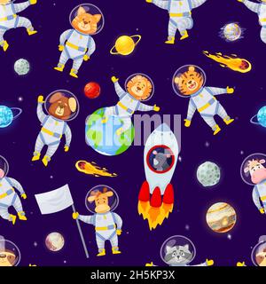 Cartoon animal astronauts flying in space with planets seamless pattern. Cute astronaut animals, sloth, lion, fox, childish vector texture. Characters traveling in rocket among falling comets Stock Vector