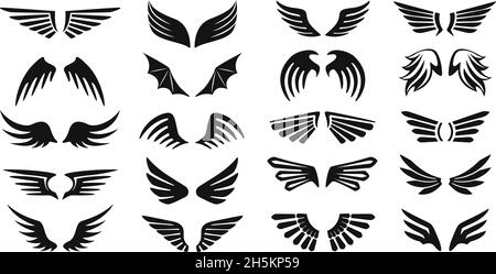 Pair of wings icon, flying birds wing silhouette logo. Black heraldic eagle or angel wings, hawk or phoenix badge, tattoo, insignia icons set. Majestic gothic symbols isolated on white Stock Vector