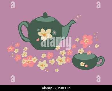 Vector illustration of teapot and teacup with flowers. Hand drawn design. Stock Vector